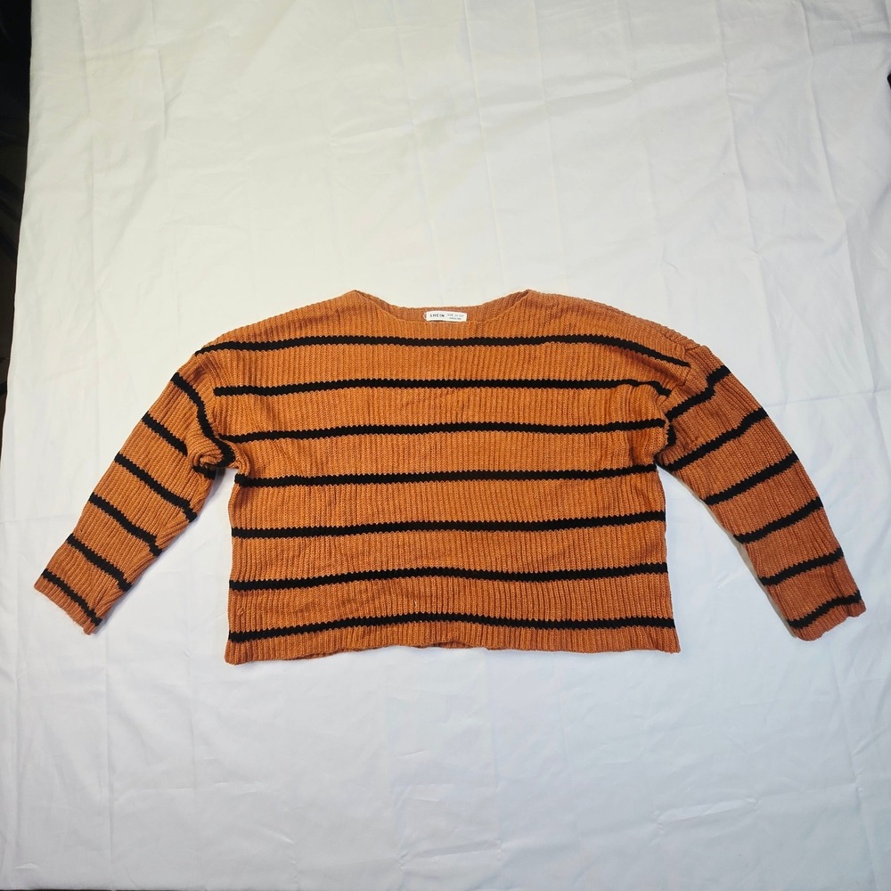 SHEIN Girls Size 11-12Y Striped Knit Sweater Orange Black Drop Shoulder K81